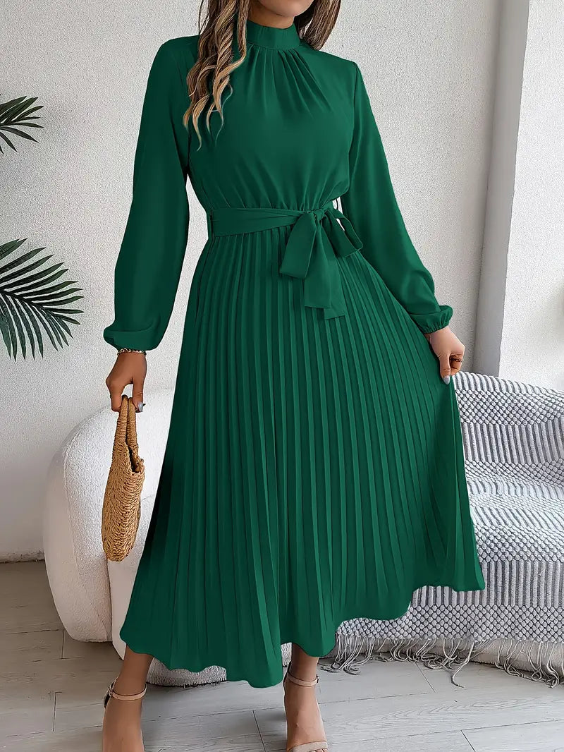 Rae | Women's Chic Pleated Midi Dress with Belted Waist