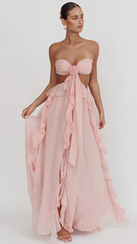 Claribel | Women's Ruffled Halterneck Cut-Out Elegant Maxi Dress