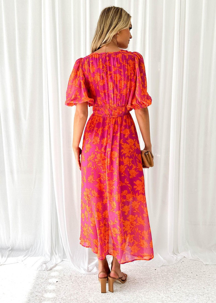 Georgie | Women's Floral V-Neck Maxi Dress with Puff Sleeves