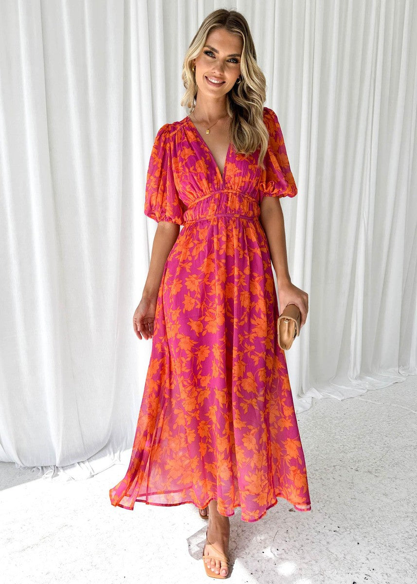 Georgie | Women's Floral V-Neck Maxi Dress with Puff Sleeves