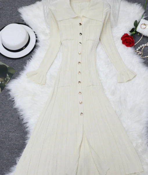 Women's Ribbed Midi Dress with Button Details