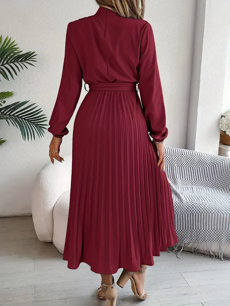 Rae | Women's Chic Pleated Midi Dress with Belted Waist