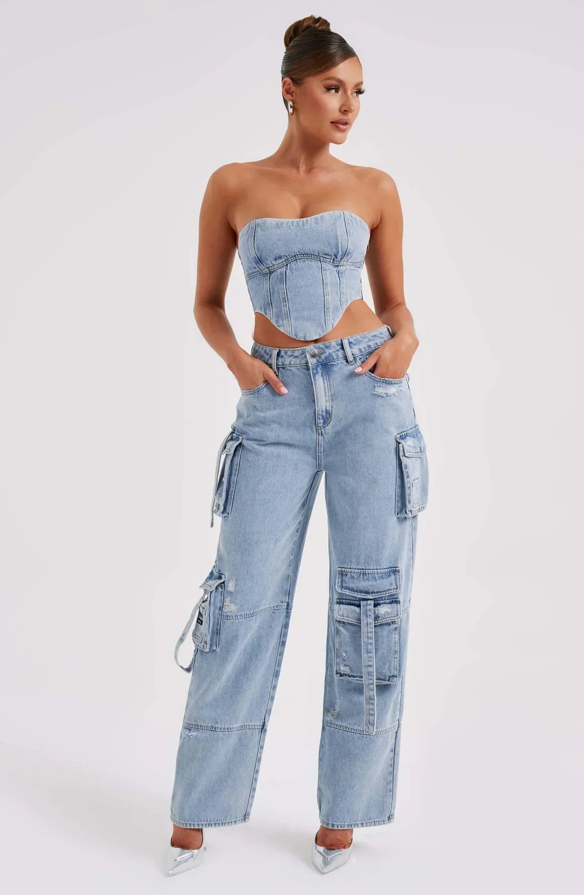 Demy | Denim corset and Cargo Pants Set