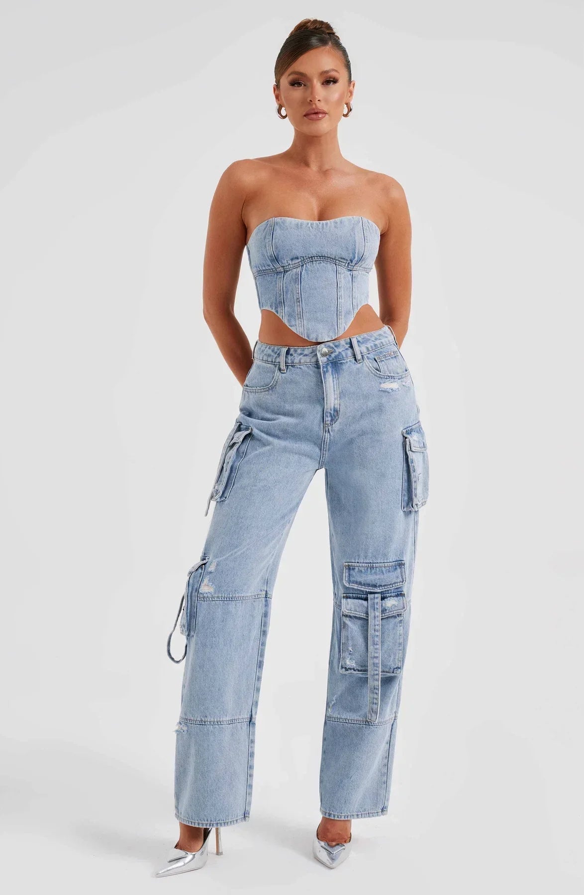 Demy | Denim corset and Cargo Pants Set
