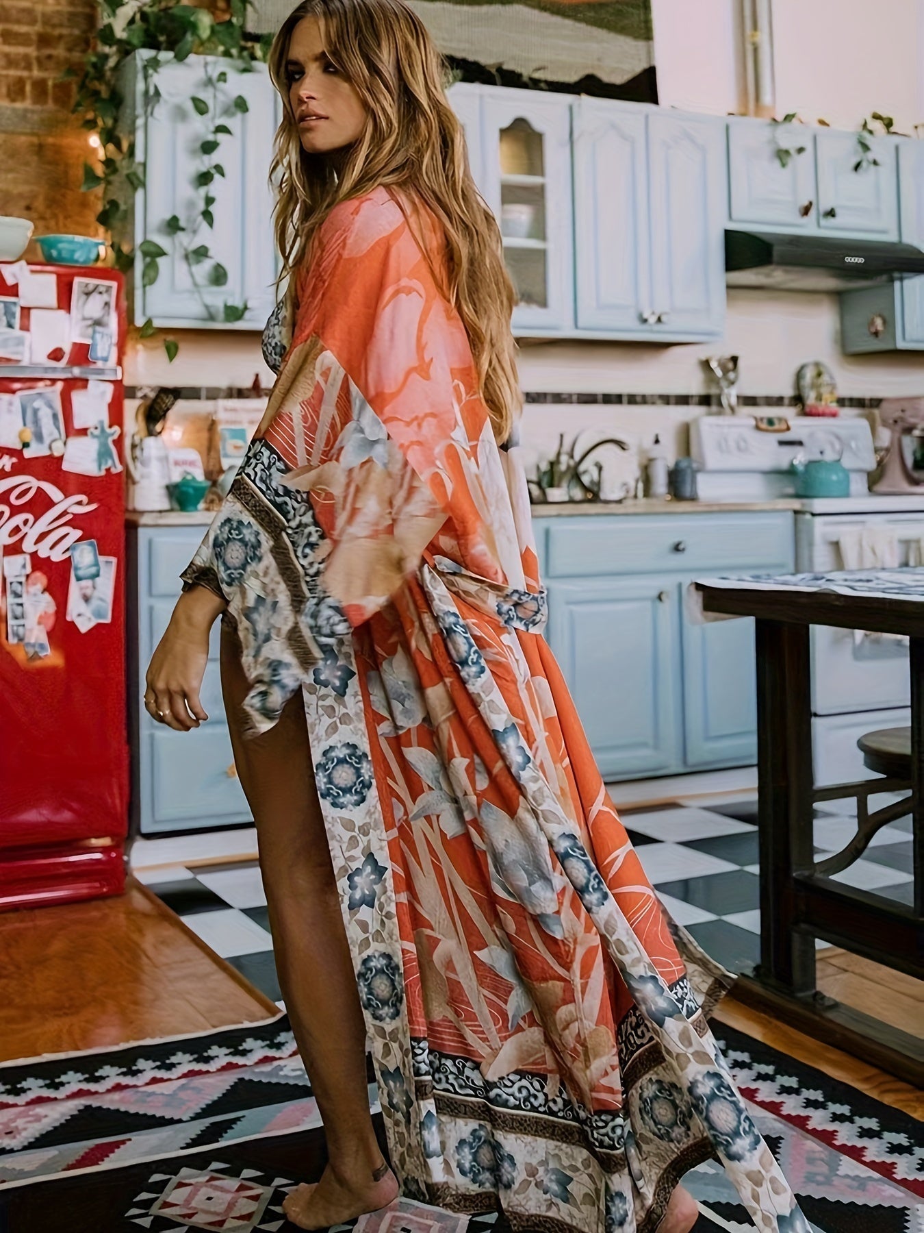 Clover | Women's Long Kimono Dress with Floral Print