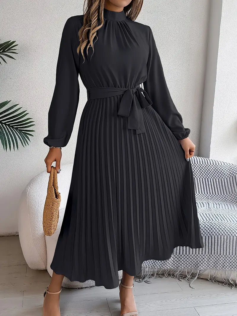 Rae | Women's Chic Pleated Midi Dress with Belted Waist
