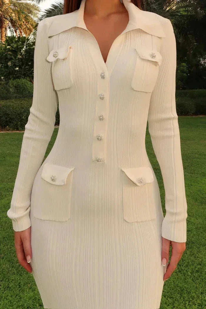 Women's Ribbed Midi Dress with Button Details