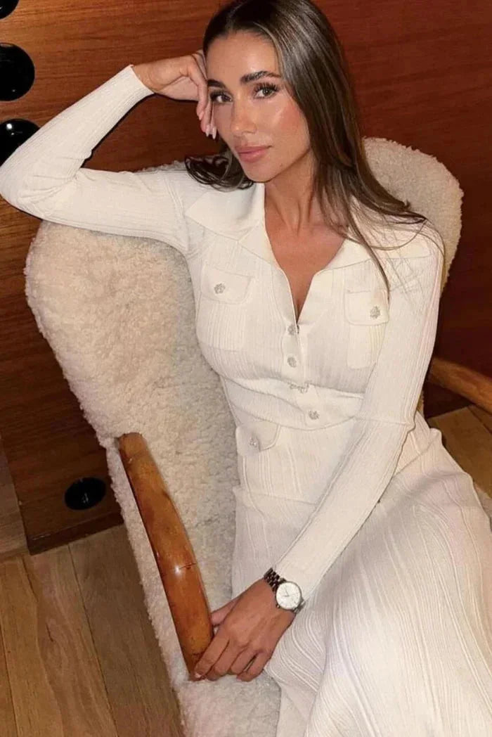Women's Ribbed Midi Dress with Button Details