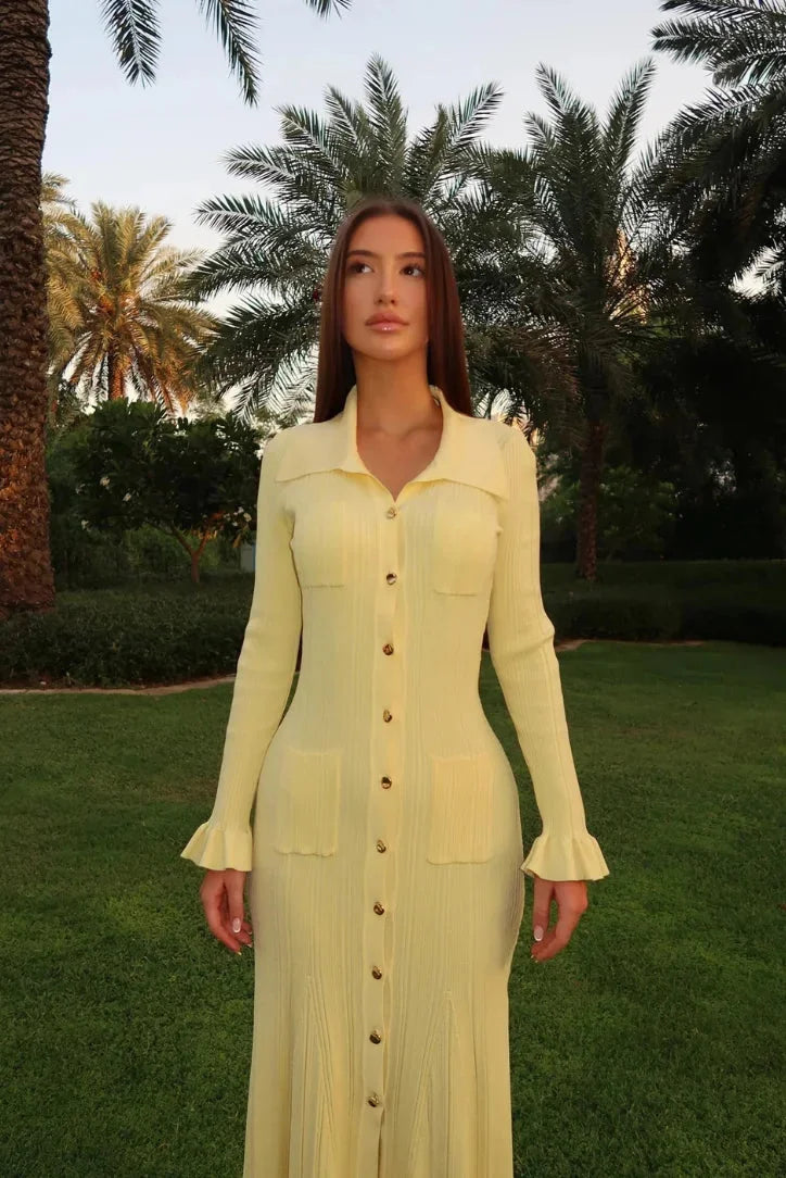 Women's Ribbed Midi Dress with Button Details