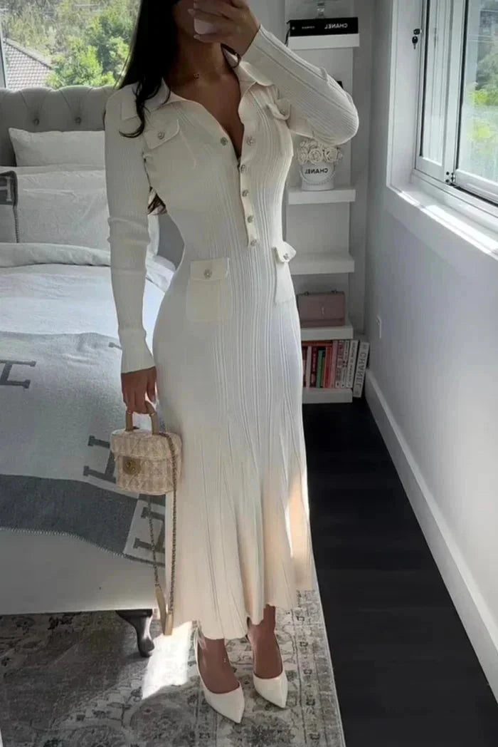 Women's Ribbed Midi Dress with Button Details