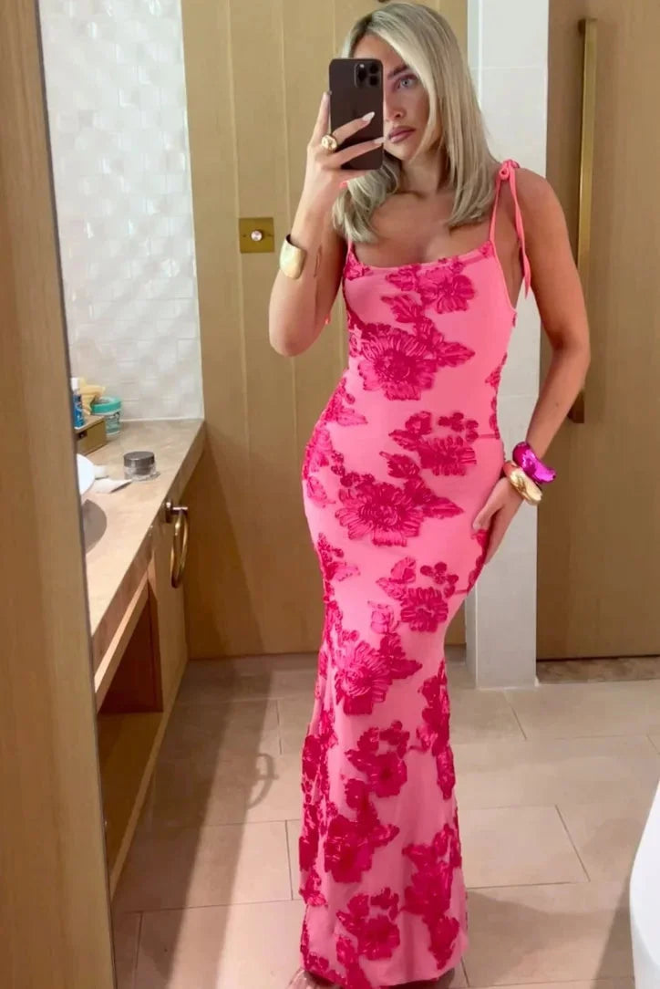 Harriet | Women's Pink Floral Maxi Dress with Elegant Shoulder Ties