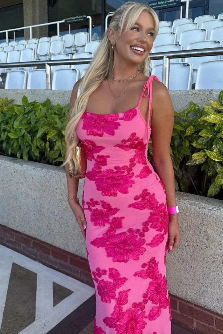 Harriet | Women's Pink Floral Maxi Dress with Elegant Shoulder Ties