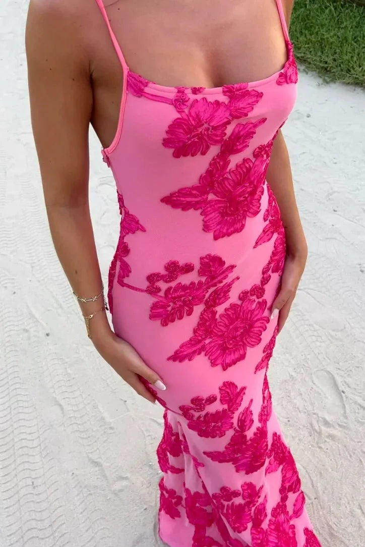 Harriet | Women's Pink Floral Maxi Dress with Elegant Shoulder Ties
