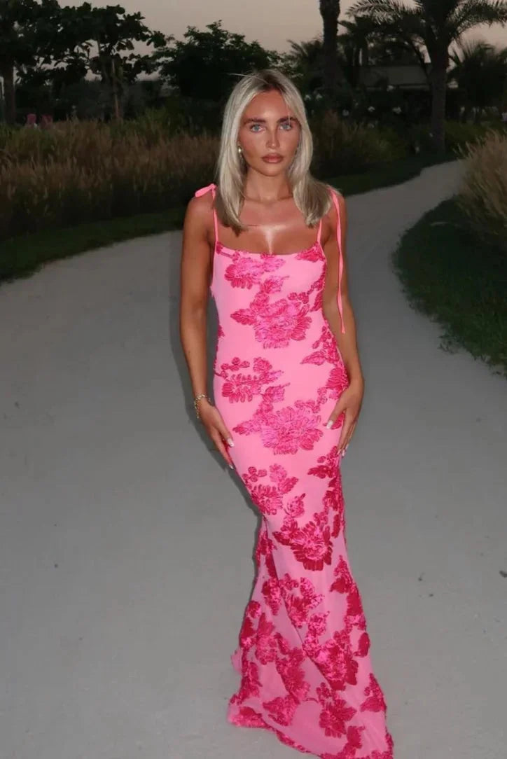 Harriet | Women's Pink Floral Maxi Dress with Elegant Shoulder Ties