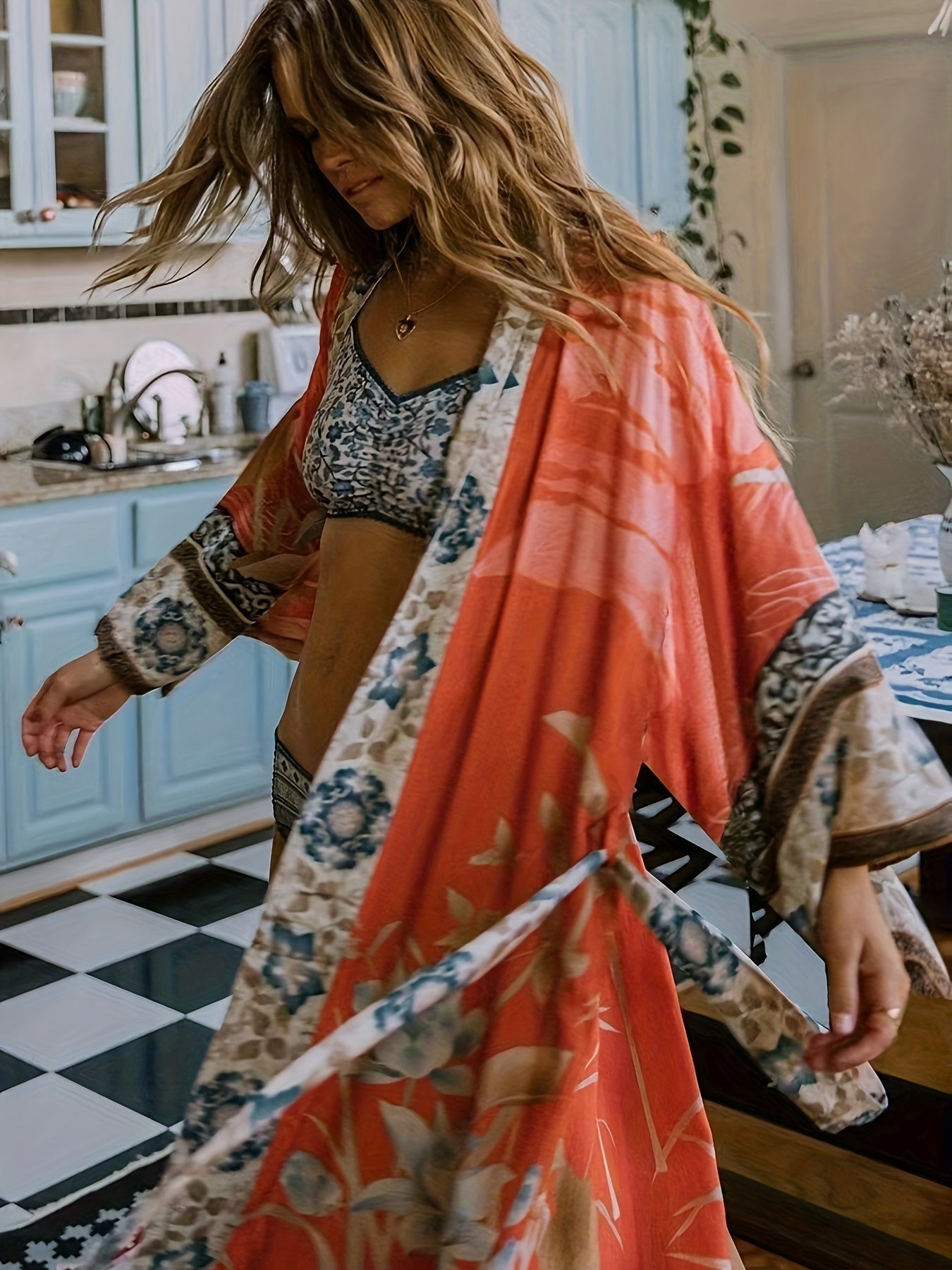 Clover | Women's Long Kimono Dress with Floral Print