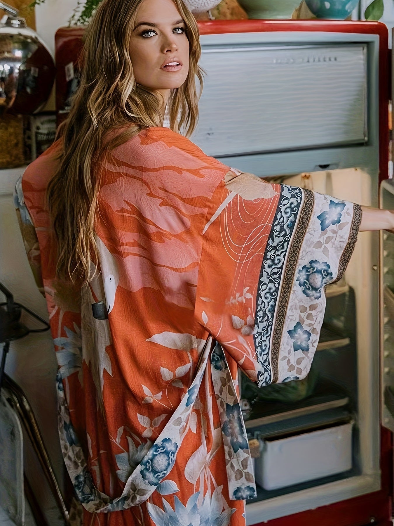 Clover | Women's Long Kimono Dress with Floral Print