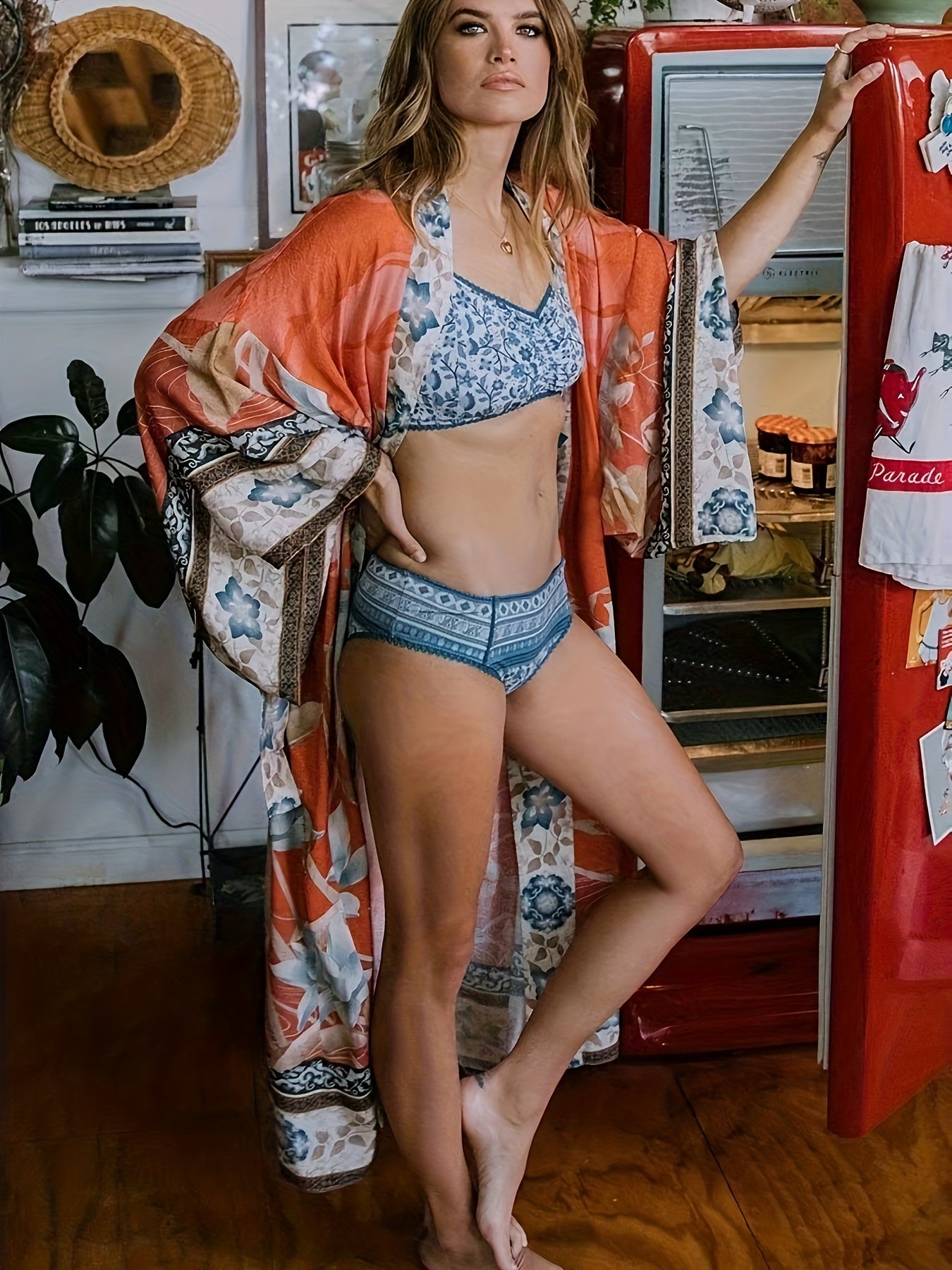 Clover | Women's Long Kimono Dress with Floral Print