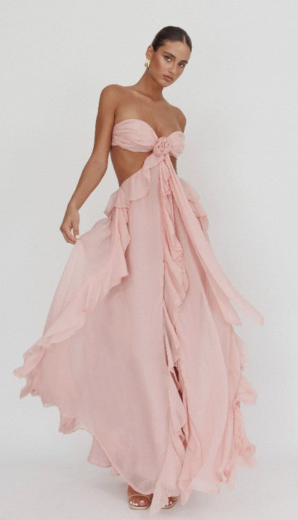 Claribel | Women's Ruffled Halterneck Cut-Out Elegant Maxi Dress