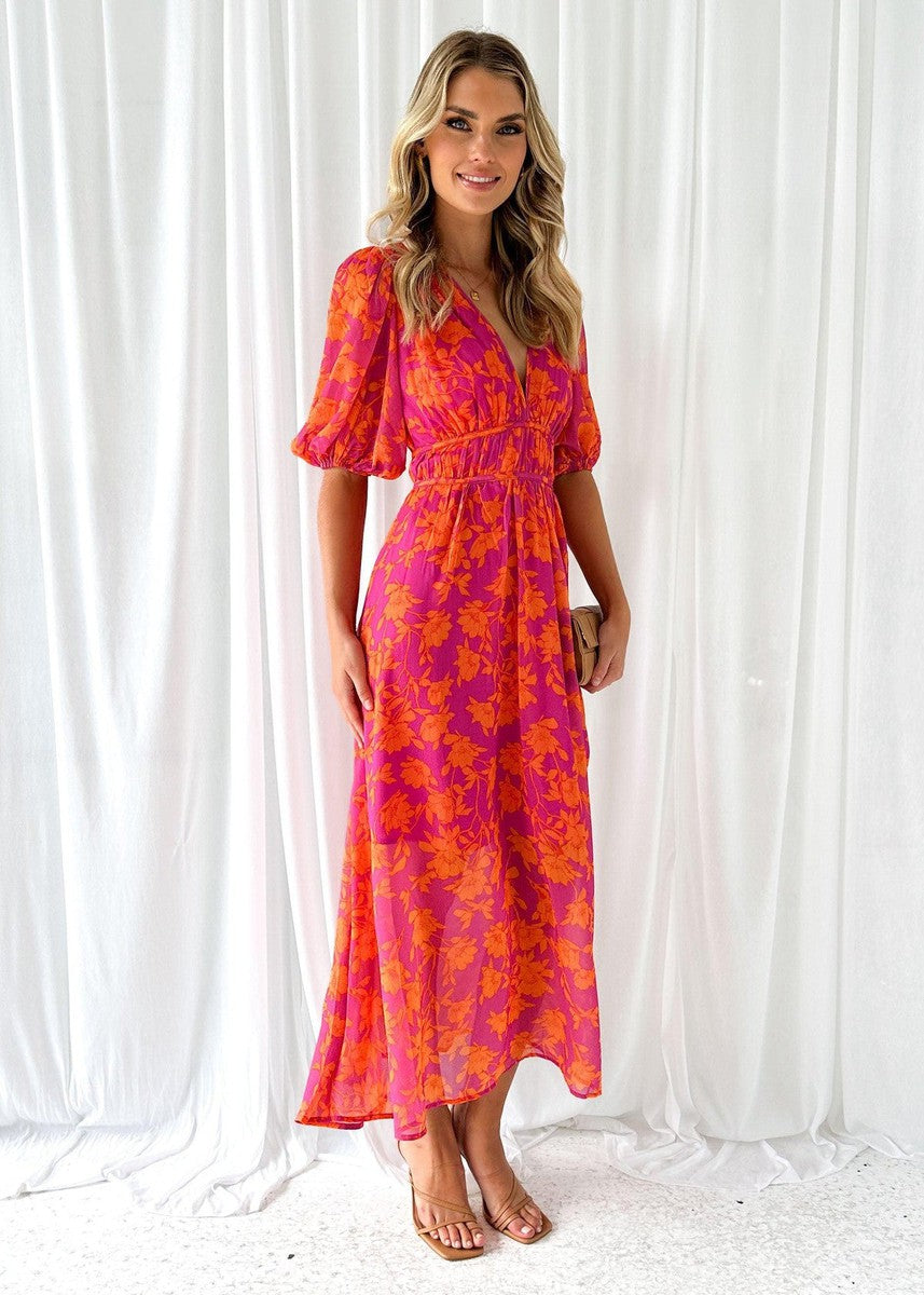 Georgie | Women's Floral V-Neck Maxi Dress with Puff Sleeves