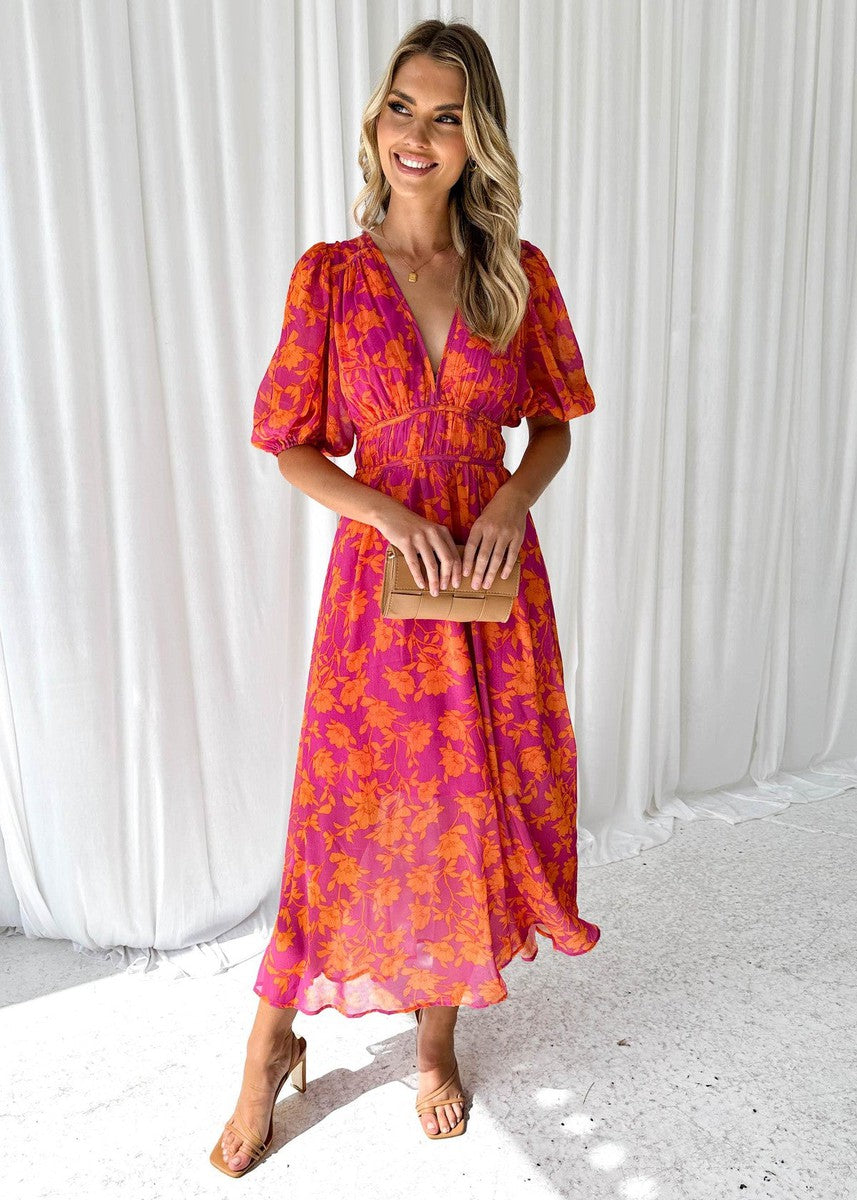 Georgie | Women's Floral V-Neck Maxi Dress with Puff Sleeves