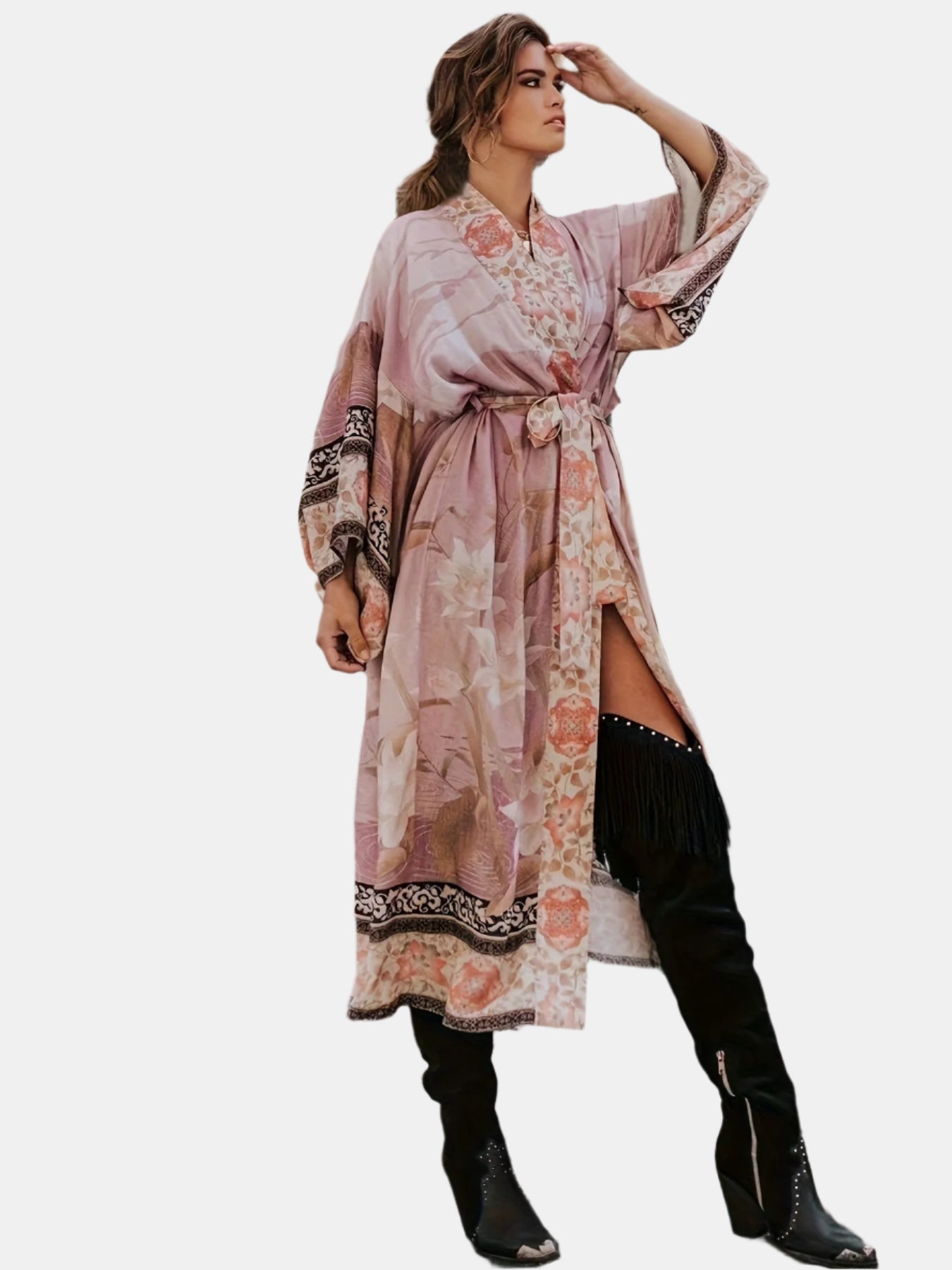 Clover | Women's Long Kimono Dress with Floral Print