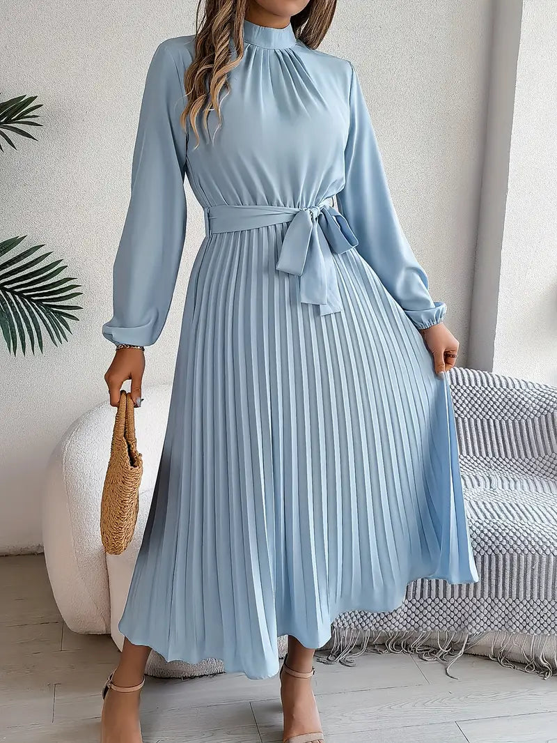 Rae | Women's Chic Pleated Midi Dress with Belted Waist