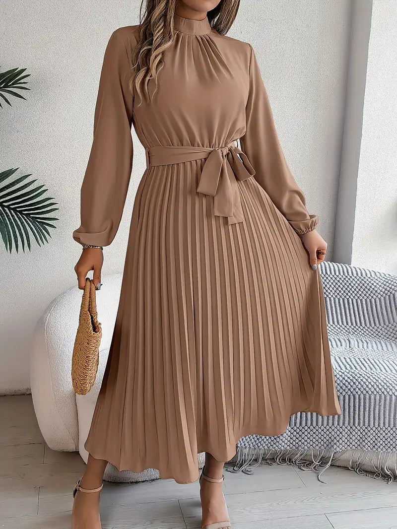 Rae | Women's Chic Pleated Midi Dress with Belted Waist
