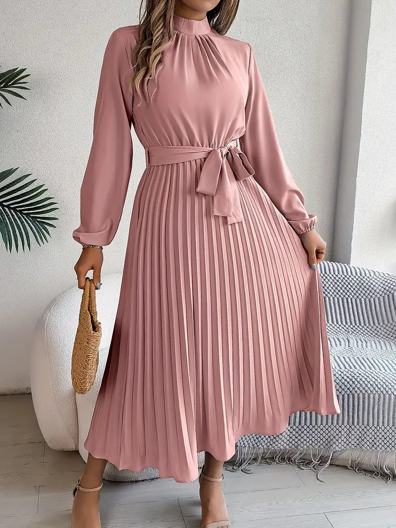 Rae | Women's Chic Pleated Midi Dress with Belted Waist