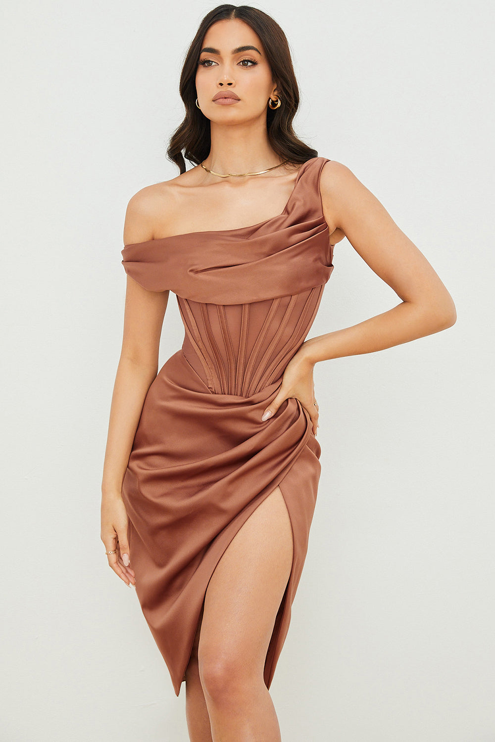 Nerys | Asymmetrical Draped Midi Corset Dress